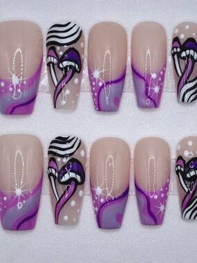 Large Coffin Press On Nails Mystic Mushrooms Handmade